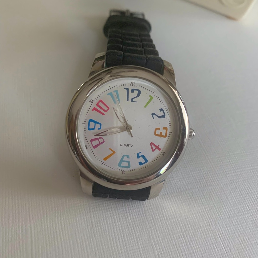 Quartz Rainbow Numerals Silver Japan Ladies Black Watch (New Battery)